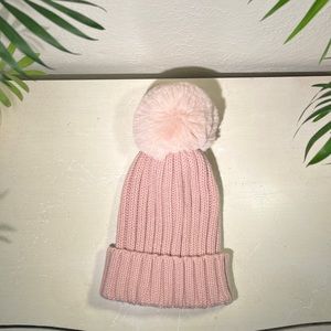 Faux Fur Pompom Beanie - Dusty Pink